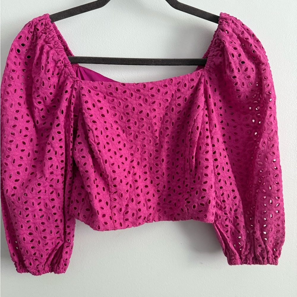 She + Sky Pink Puff Sleeve Smocked Crop Blouse